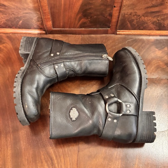Harley Davidson Women's Black Leather Harness Boots Size 7 Moto Biker Zip - Picture 5 of 9